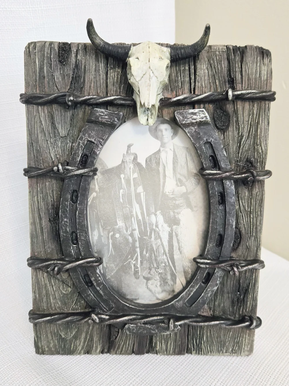 Good Luck Horseshoe Picture Frame Barb Wire Skull Rustic Weathered Look Western
